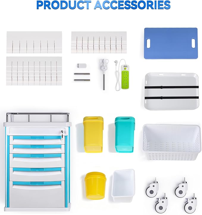 Medical Rolling Storage Crash Cart with Wheels & Drawers, Hospital Mobile Ultrasound cart with 5 Drawers & Power Strip,IV Pole,Needle Disposal,O2 Holder,Nursing Emergency Cart for Hospital, Clinic