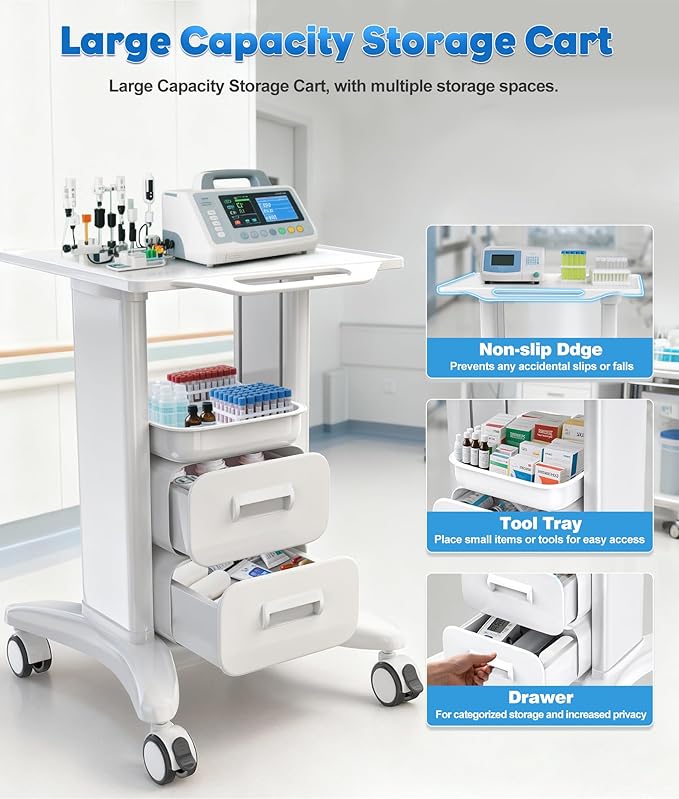 Medical Trolley Cart with Drawers, Hospital Mobile Ultrasound Cart with Trays&4 Silent Swivel Wheels,220 LBS Load Portable Storage Drawer for Hospital, Dental Clinic,Beauty Salon (White/Double drawer)