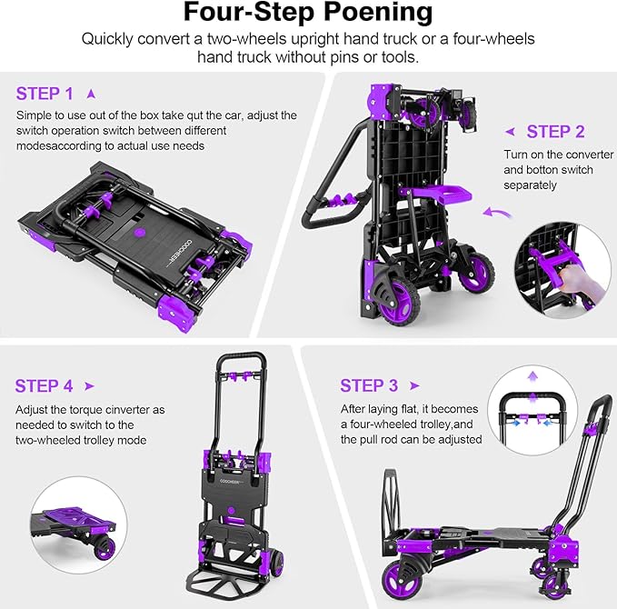 2-in-1 Folding Hand Truck Dolly 330LB Load Carrying, Hand Truck Foldable Dolly with Retractable Handle and 4 Rubber Wheels, Portable Folding Hand Cart for Moving/Travel/Office (Purple)