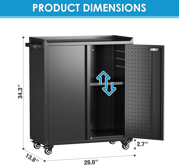 Metal Storage Cabinets with Door Pegboard,Lockable Garage Storage Cabinets with Wheels for Garage, Home, Office,Assembly Required,Black,13.8" D x 26" W x 34.3" H