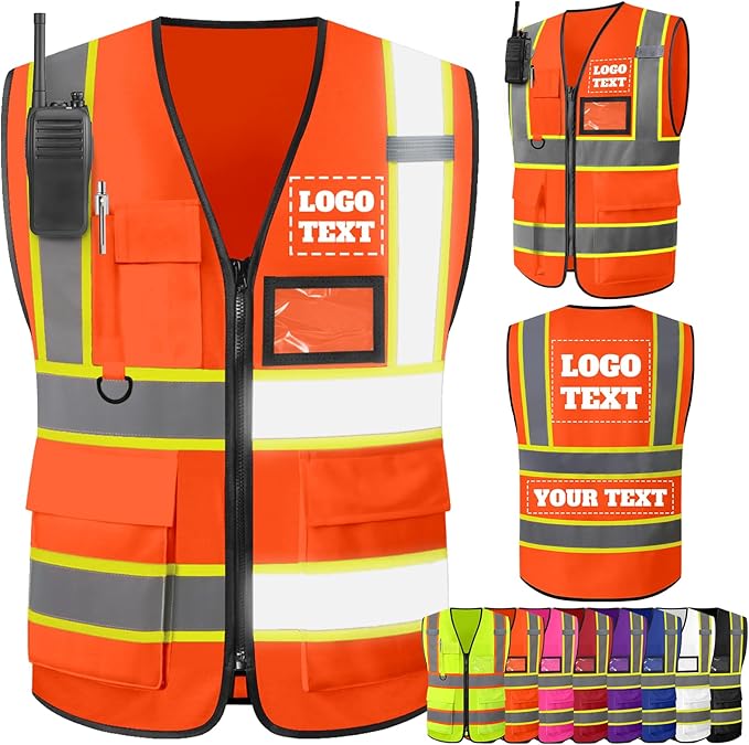 Custom Logo Safety Vest–Reflective High Visibility 2-Tone Work Vest for Men Construction Jacket Vests with Zipper Pockets