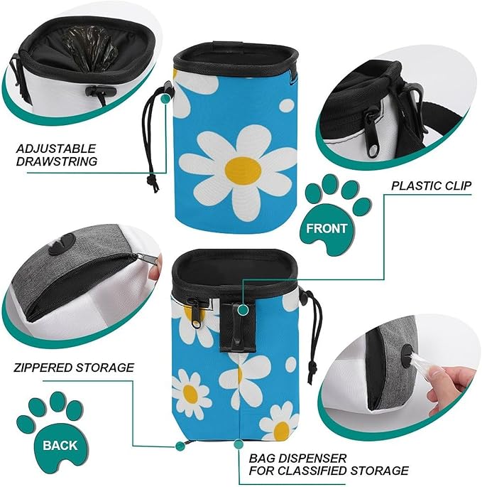 Portable Travel Dog Carrier Bag, Fashion Pet Training Package, Puppy Snack Pocket with Adjustable Waist Belt for Cat Dog Puppy Light Blue Floral Daisy Flower Dots