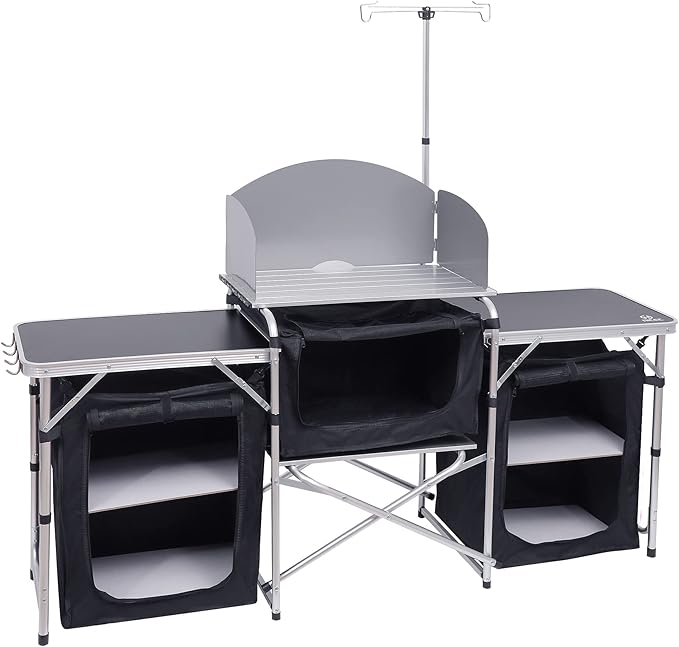 Nice C Camping Kitchen Table, Folding Table, Upgrade Light Stand and Windshield Cooking Station & 3 Organizers, Carry Bag for Outdoor, Beach, BBQ, Picnic, Cooking, Indoor, Office(Silver)
