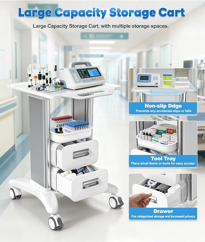 Medical Trolley Cart with Drawers, Hospital Mobile Ultrasound Cart with Trays & 4 Silent Swivel Wheels, 220 LBS Load Portable Storage Drawer for Hospital, Dental Clinic, Beauty Salon (Without Socket)