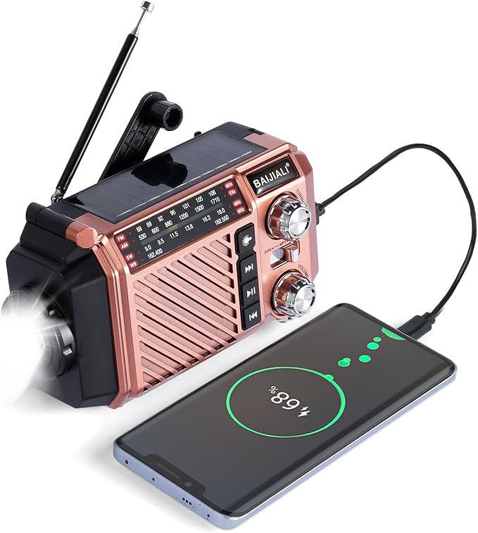 Hand Crank Emergency Weather Radio with 2600mAh/9620mWh Power Bank, NOAA AM FM Shortwave Portable Radio, Solar & USB-C Charging, Flashlight, SOS Alarm for Emergency Kits (Brown)