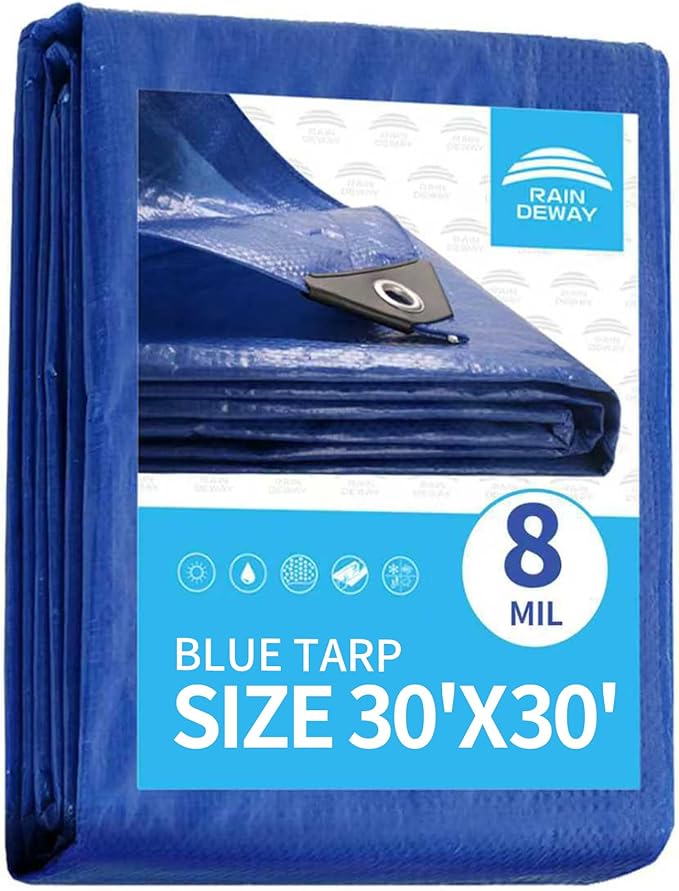 RAINDEWAY Tarps 30x30 Feet,8 Mil Blue Large Tarp,UV Resistant,Durable,Multipurpose Waterproof Poly Tarp Cover with Metal Grommets and Reinforced Edges