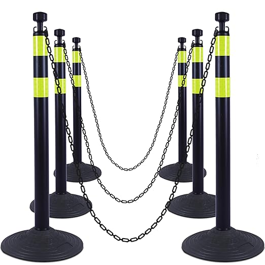 OrangeStar 6 Packs Traffic Delineator Post Cones, 40" Safety Barrier with 6.6 Ft Link Plastic Chains, Crowd Control Stanchion Sets w/Rubber Base for Parking Lot, Road Work, Queue Management, Black