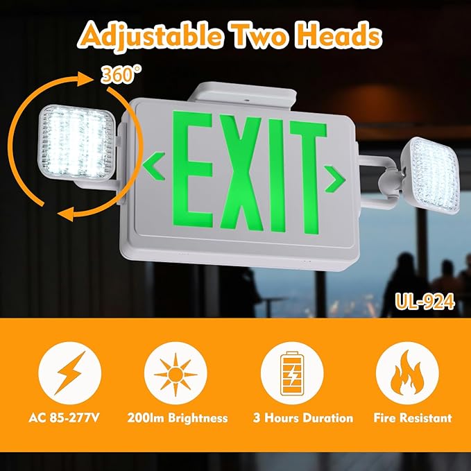 Green Exit Sign,Emergency Lights for Business with Plug,200lm 3Hours Battery Operated Corded Fire Emergency Exit Lighting Combo UL 924 AC85-277V