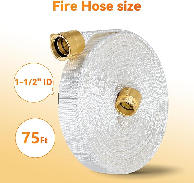 Fire Hose 75 FT x 1-1/2" ID, M × F NST/NH Brass Couplings, Single Jacket TPU, Working Pressure 250 PSI, Burst Pressure 750 PSI, Indoor Fire, Home, Garden Fire Hose Irrigation