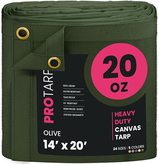 PROTARP Extreme Heavy Duty 20 OZ Water Resistant Canvas Tarp, UV Resistant Tarpaulin Cover with Rustproof Brass Grommets, Multipurpose for Canopy, Roof, Camping, Woodpile (Olive 14'X20')