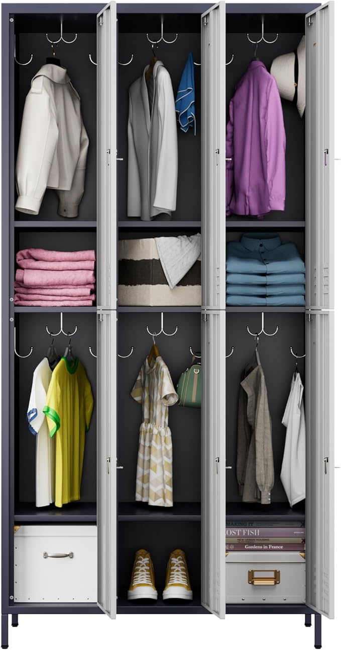 Metal Lockers for Employees with 6 Doors and 18 Hooks, 72”H Storage Locker with Card Slot for Office Gym School Bedroom, White and Gray, Assembly Required