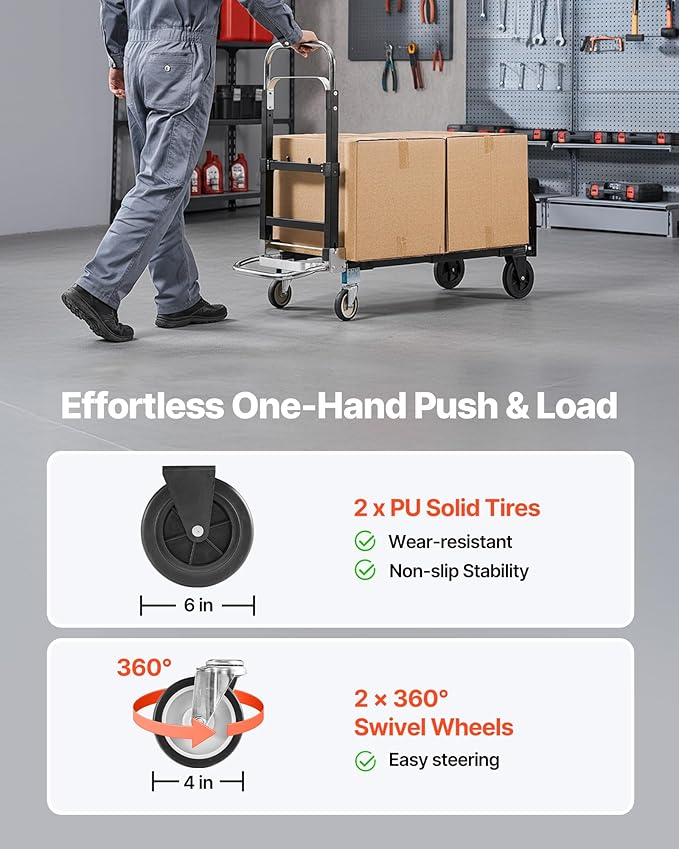VEVOR 3 in 1 Folding Hand Truck, 500 lbs Load Capacity for 4-Wheel Mode, Convertible Hand Truck Dolly with Wheels & Adjustable Handle, Portable Trolley Dolly for Moving Home, Office, Warehouse