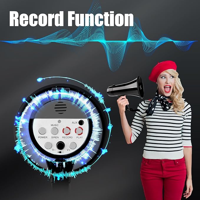 20W Megaphone Bullhorn Speaker with LED, | Loud Spekaer with Siren, Recording and 3.5mm Aux Interface | Mega Phone Design for Outdoors and Safety Drills（Black）