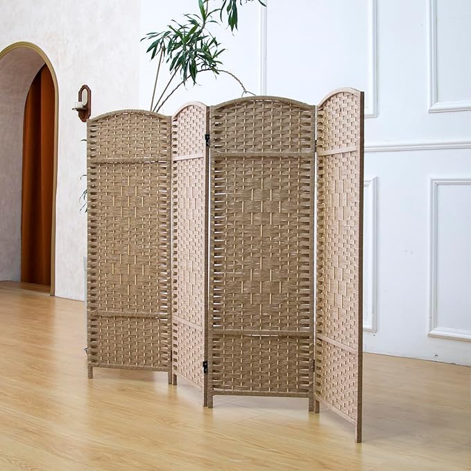 4 Panel Rattan Divider Short Room Partition Screen,Double Sided Folding Divider for Room Separation,Light Brown,47.2" H x 63" W