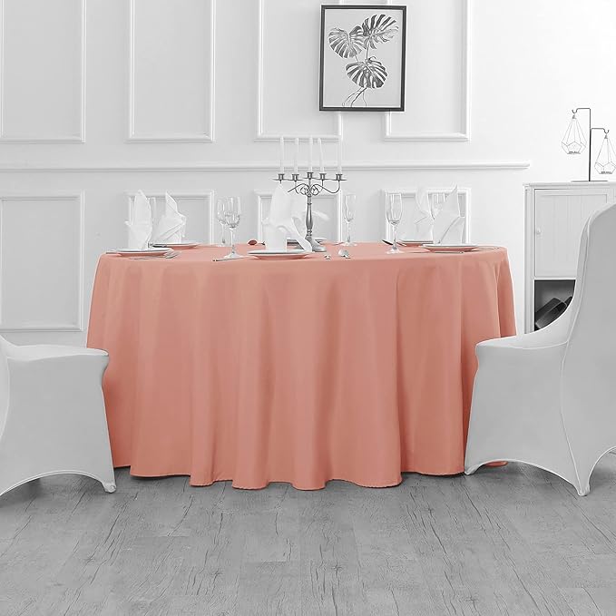 Fokitut 2 Pack Waterproof Round Tablecloth, 132 Inch, Stain Resistant and Wrinkle Polyester Table Cloth, Fabric Table Cover for Kitchen Dining, Wedding, Party, Holiday Dinner-Dusty Pink