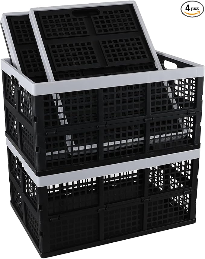 66 L Large Stackable Storage Crates, Black Plastic Collapsible Storage Basket, 4 Pack