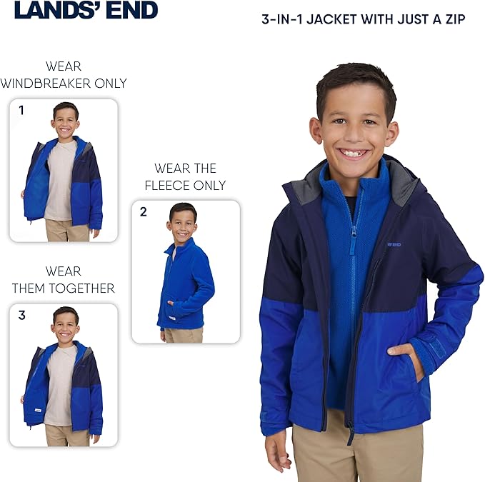 Lands' End Unisex Kids 3-in-1 Water Resistant Windbreaker and Zip-out Polar Fleece Jacket
