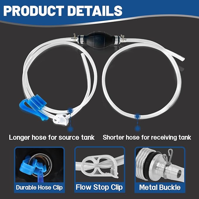 Gas Siphon Pump FUELIO - Hand Siphon Pump for Gasoline Transfer - Manual Siphon Pump For Water- Fuel Siphon Pump for Gasoline- Gas Siphon Hose Included