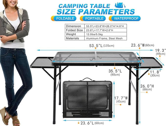 Folding Family Camping Table with 2 Wing Panels, Metal Grill Table with Mesh Tabletop, 2 Adjustable Heights, Large Picnic & Outdoor Table, 2 Side Shelves, Lightweight (4.4 FT, Black)