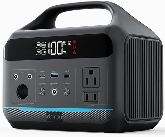 DARAN Portable Power Station 600W(1200W Surge) - 288Wh(90,000mAh) Solar Generator LiFePO4 Battery with AC DC Outlets, 8.3LB Portable Charging Station for Camping, RV, Home, Emergency (Solar Optional)