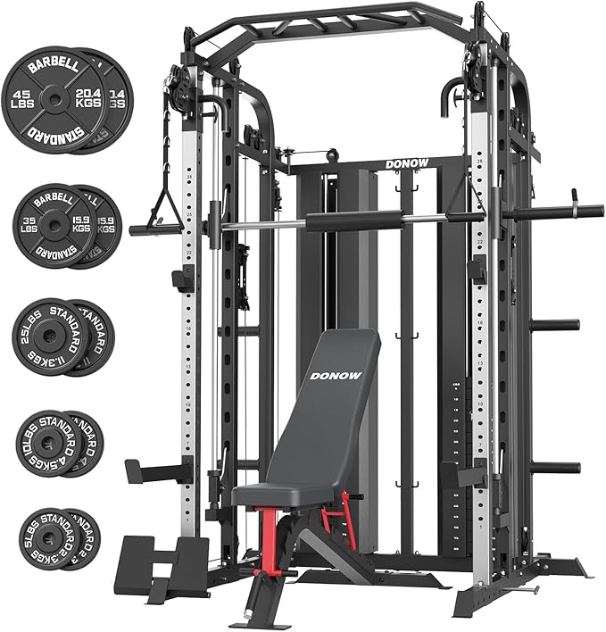 DONOW Smith Machine with Weight Stacks, Multi Function Home Gym System Training Power Cage Squat Rack Dual Cable Crossover Machine All in One
