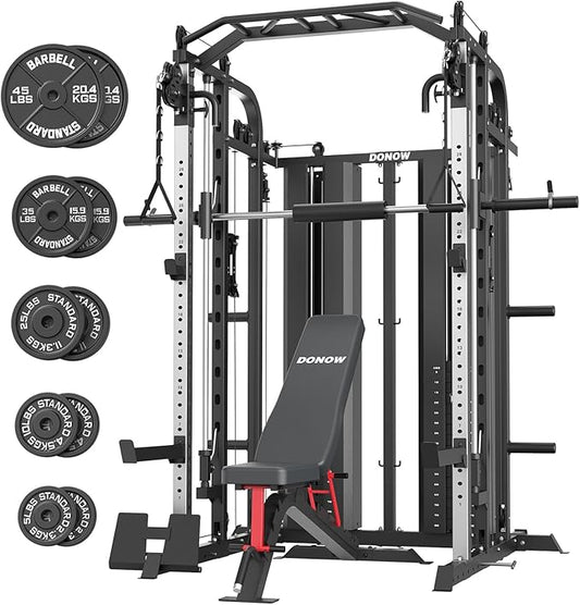 DONOW Smith Machine with Weight Stacks, Multi Function Home Gym System Training Power Cage Squat Rack Dual Cable Crossover Machine All in One