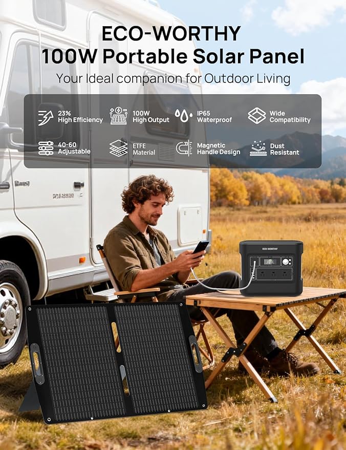ECO-WORTHY 100W Portable Solar Panel for Power Stations,IP65 Waterproof & Lightweight with Adjustable Kickstand,23% High Efficiency Foldable Solar Panel for Outdoor RV Camping Off Grid Emergency