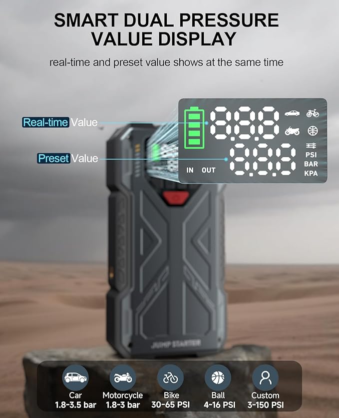 Jump Starter with Air Compressor, 4000A Car Jumper Starter Portable & 12V Car Battery Charger Jump Starter Power Pack Combo 150PSI Tire Inflator Air Pump, Jumper Box for 8.0L Gas/6.5L Diesel, QC3.0