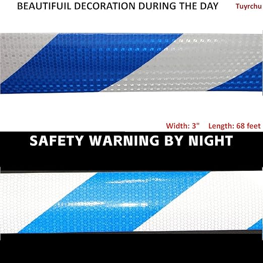 Reflective Tape Blue White 3 Inch x 68 Feet, Outdoor Waterproof Warning Reflector, Night Safety Stickers for Vehicles