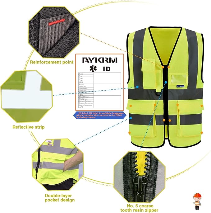 A-SAFETY Hi Reflective Safety Vest,Hi Vis Bright Neon Colors Safety Vest with 4 Reflective Strips 7 Pockets(Yellow Small)