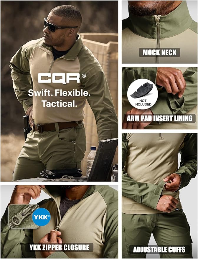 CQR Men's Combat Shirt Tactical 1/4 Zip Long Sleeve Military BDU Shirts Camo EDC Top with Pockets