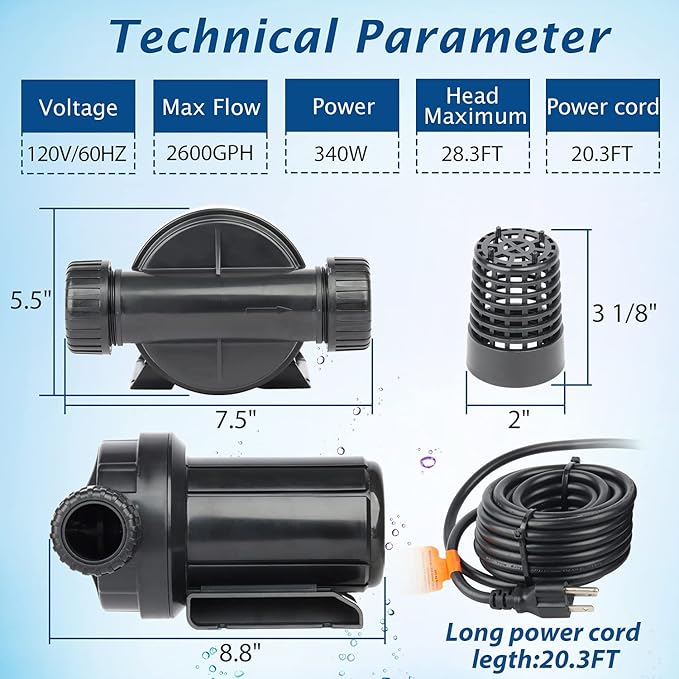 WaterRebirth (PA3000, 2600GPH) High Flow Submersible Water Pump-Home/Inline Water Pump-Submersible Pump-Water Transfer Pump-Aquarium Pump