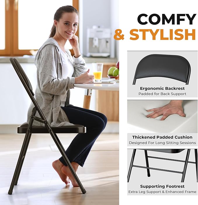 8 Pack Leather Chair | Foldable & Stackable | 350 lbs Capacity Steel Frame Seats for Indoor or Outdoor | Commercial Use Events Wedding Party Events Bulk Picnic Kitchen Dining - Black