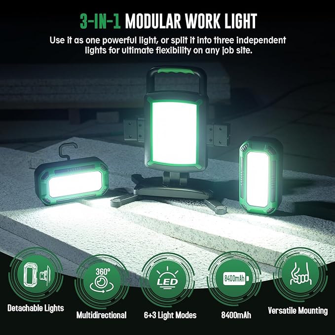 50W 5000LM Rechargeable Work Light, 3-in-1 Magnetic Work Light with Detachable 2 Floodlights, 9 Modes, Foldable&360° Rotatable IP65 Portable LED Worklight with Hooks for Jobsite Garage Car Repairing