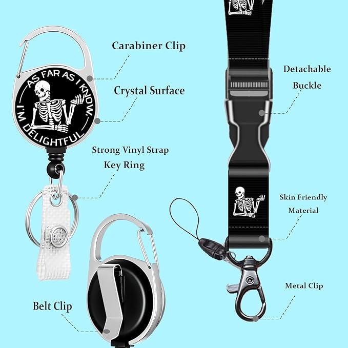 Skull Badge Holder Lanyard ID Card Holders Detachable Name Tag Clips Cute Funny Nurse Teacher Office Gifts Women Man Cate Badge Holder (Skull)