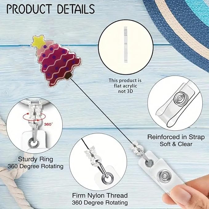 Winter Pink Christmas Tree Badge Reel Retractable, Nurse Doctor Badge Clip with 24” Durable Nylon Cord Polka Dot Star Xmas Badge Holder for Nursing RN CNA LPN Medical Worker Name Tag Decor