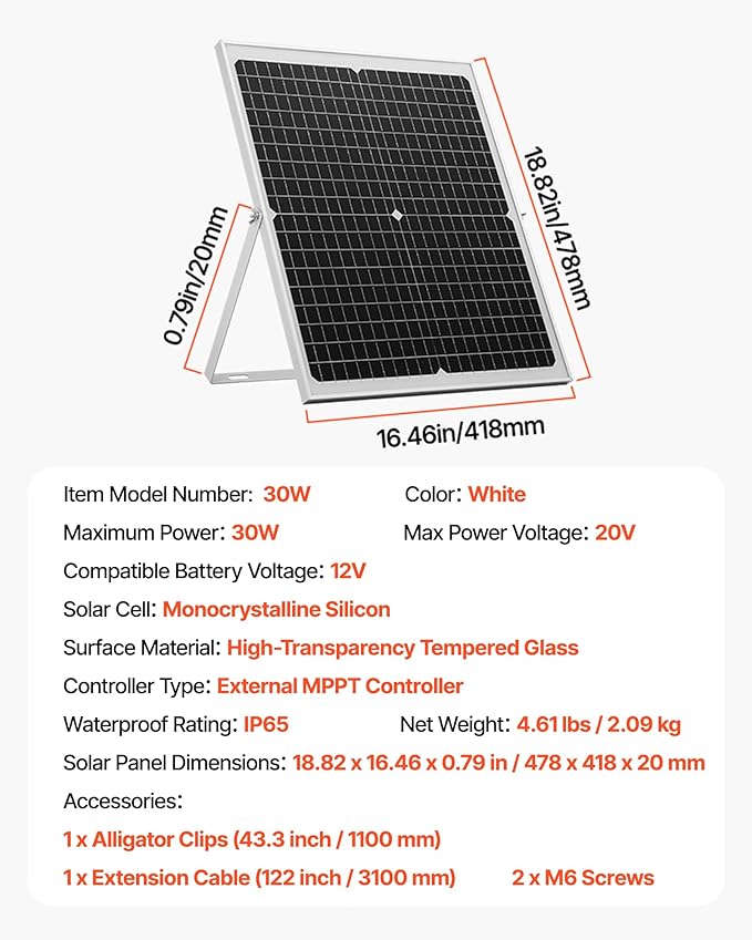 VEVOR 30W 12V Solar Panel Battery Charger, Solar Battery Trickle Charger Maintainer with Intelligent MPPT Controller & Adjustable Mount Bracket, IP67 Waterproof for Car Boat RV Motorcycle Trailer