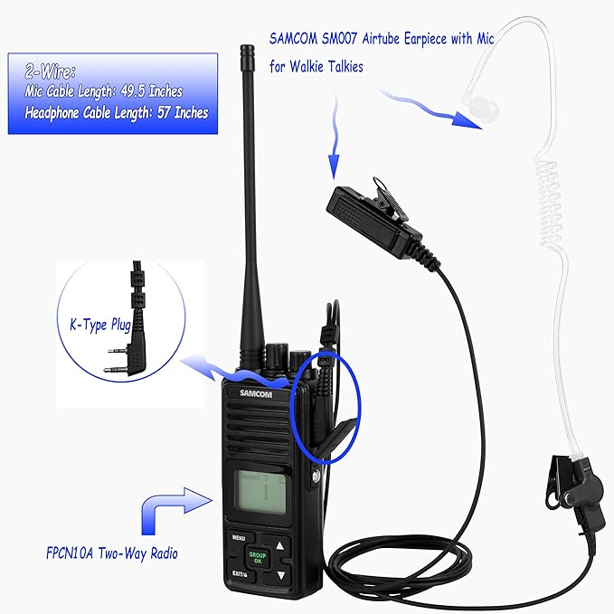 SAMCOM Acoustic Tube Earpiece Walkie Talkies, 2-Wire Air Tube Headset with Mic for Two Way Radios, Hands-Free Surveillance Radio Earpieces Compatible with FPCN10A FPCN30A, 1 Pcs