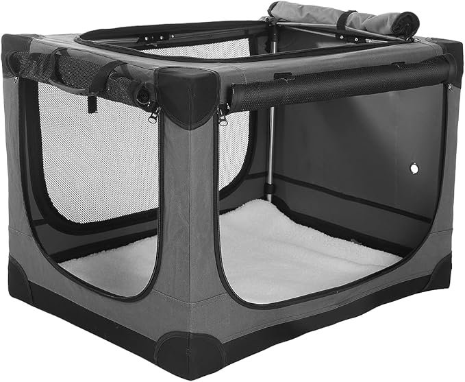 33-Inch Collapsible Travel Dog Crate, Portable 4-Door Soft Kennel for Medium to Large Dogs, Chew-Proof Mesh Windows, Indoor/Outdoor Use, Foldable, with Storage Bag (Grey)