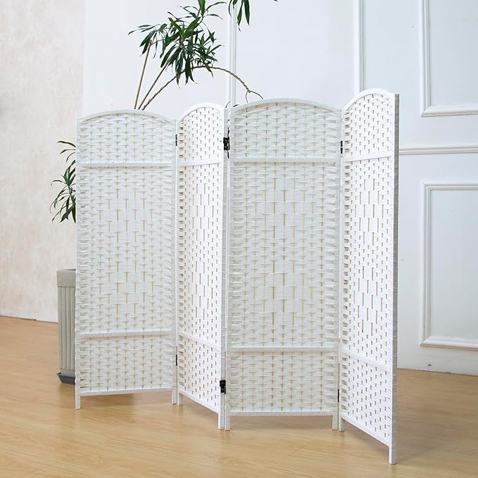 4 Panel Rattan Divider Short Room Partition Screen,Double Sided Folding Divider for Room Separation,White,47.2" H x 63" W