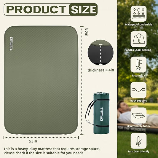 UPWELL Self Inflating Sleeping Pad 4.5" Thickness Camping Mattress with Solid Foam Double Sleeping Mat Portable Fast Inflation for Outdoor Mat Portable Roll Up，with air Pump