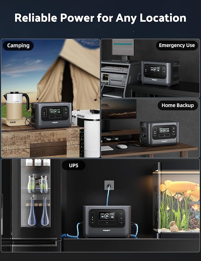 PISEN Portable Power Station 1000W, Solar Generator with Fast Charging, 1008WH LiFePO4 Battery for Home Backup Power, Travel, Camping and RVs