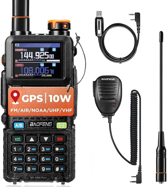 BAOFENG UV-5RM PLUS GPS Ham Radio Handheld, 10W Long Range Two Way Radio, Airband NOAA FM Multi-Band Receiver, 640CH 10 Zones, with 2500mAh Type-C Rechargeable Battery, Speaker Mic & Programming Cable