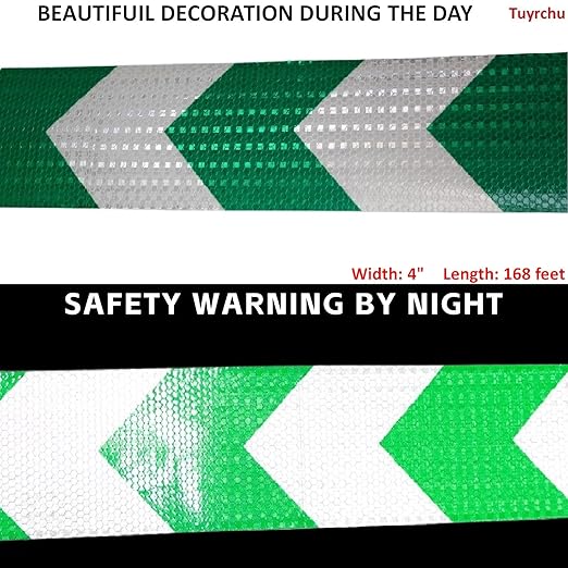 Reflective Tape Green White 4 Inch x 168 Feet, Outdoor Waterproof High Visibility Adhesive Stickers, High Intensity Safety Strips
