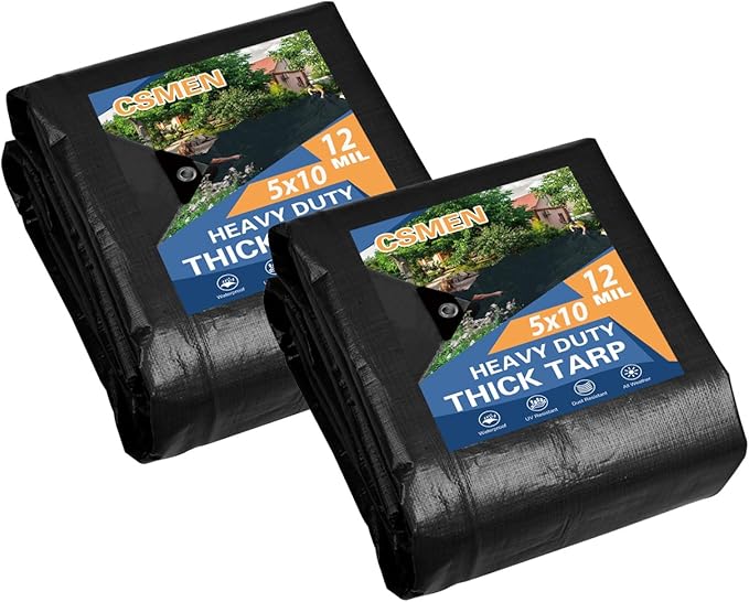 Tarp Heay Duty Waterproof 5x10ft 2pack,Black Tarps Plastic Tarp Cover Poly Tarpaulin for Outdoor Cover,Emergency Rain,Roof, Pool, Boat,Camping - Multipurpose with 12Mil Thickness