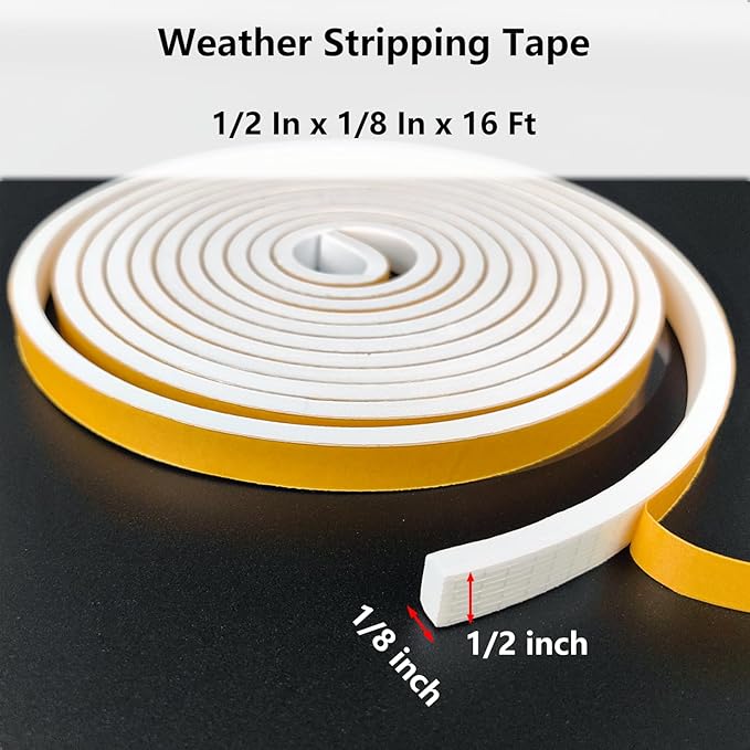 Weather Stripping Door Seal Strip, Strong Adhesive, Weatherproof, Reduce Noise, Gap Filler, Foam Insulation Tape for Doors and Windows (1/2 in x 1/8 in x 16 Ft), White