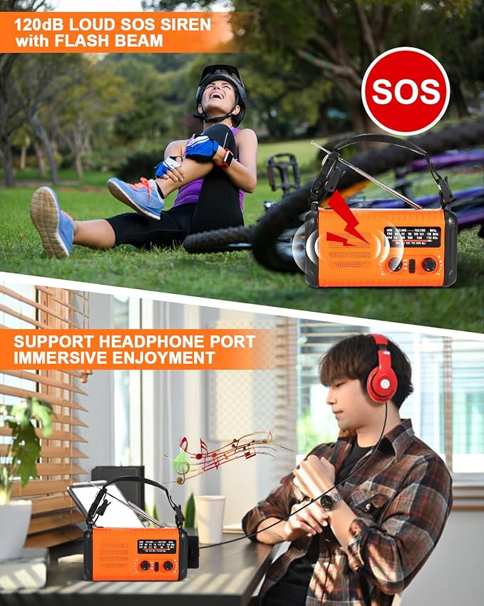Emergency Crank Radio, 20000mAh / 74000mWh Solar Hand Crank Weather Radio with NOAA/AM/FM, Battery Powered Radio with Cell Phone Charger, Reading Lamp, Flashlight & SOS for Emergencies/Home (Orange)