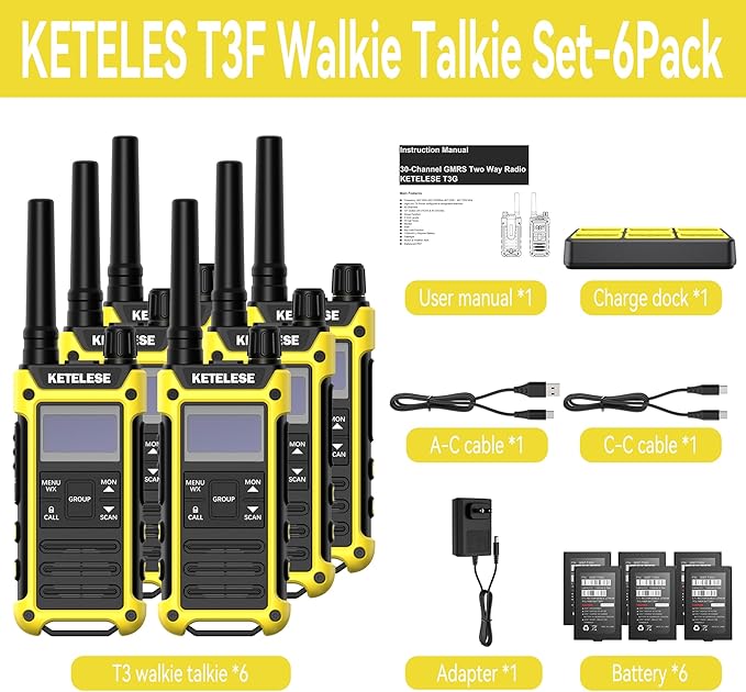 KETELESE T3F Walkie Talkies 6 Pack for Adults, IP67 Waterproof 2 Way Radios Rechargable, with Earpiece and Mic, Shock Resistant, Dual PTT, One Key Group Call, VOX, NOAA&Wheather Alert, Black/Yellow