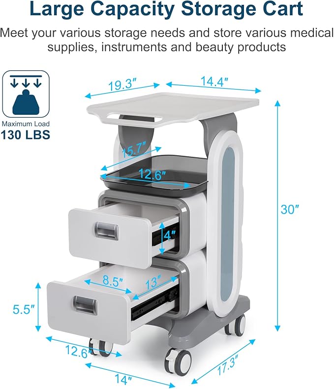 Mobile Medical Trolley Cart 130 Lbs Load Portable Professional for Ultrasound Imaging Scanner Vehicle Beauty Storage Cart with Drawers Tool Tray Wheels for Home Hospital Office Medical Clinic
