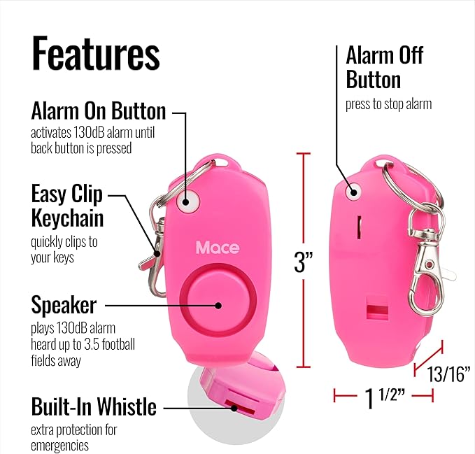 Mace Personal Safety Alarm - Loud 130db Siren, Built in Emergency Whistle, Easy On/Off Push Button Activation, Batteries Included, Personal Alarm for Women & Men - Neon Pink